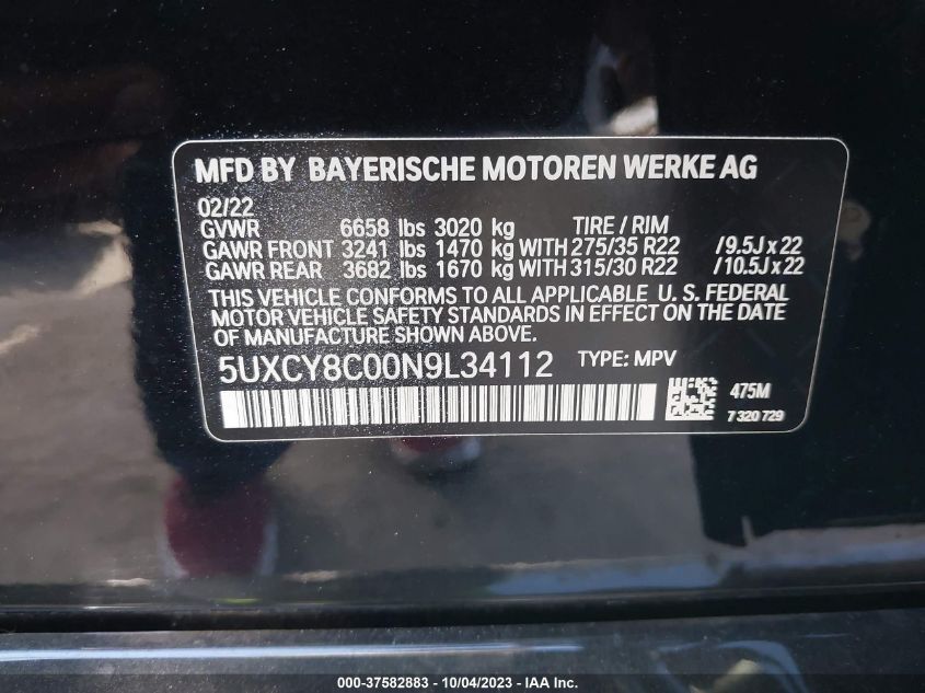 VIN 5UXCY8C00N9L34112 2022 BMW X6, M50I no.9