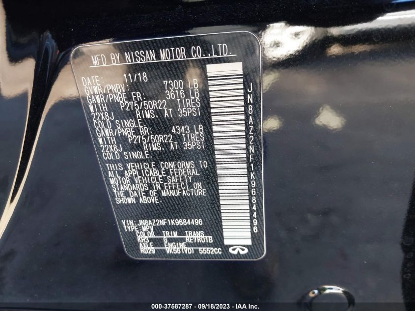 2019 Infiniti Qx80 Luxe VIN: JN8AZ2NF1K9684496 Lot: 37587287