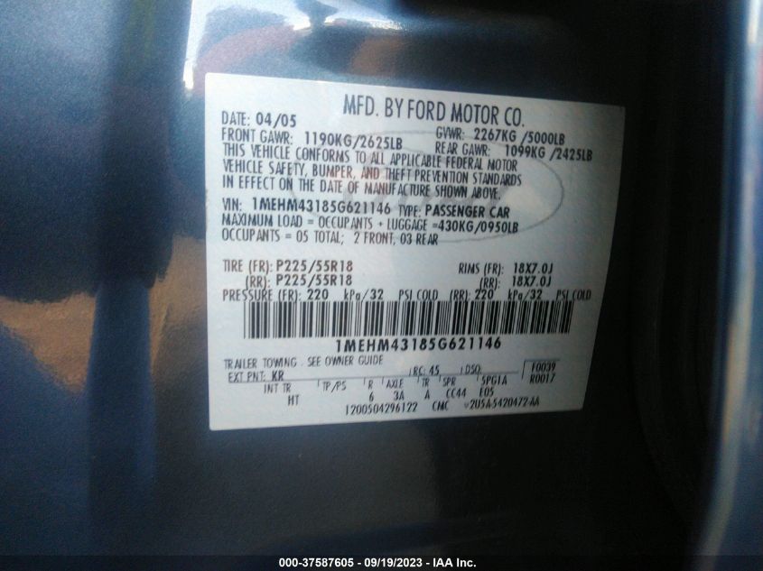 2005 Mercury Montego Premier VIN: 1MEHM43185G621146 Lot: 37587605