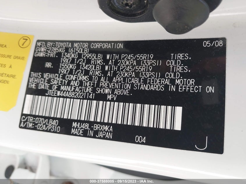 JTEEW44A882021141 2008 TOYOTA HIGHLANDER photo no. 9