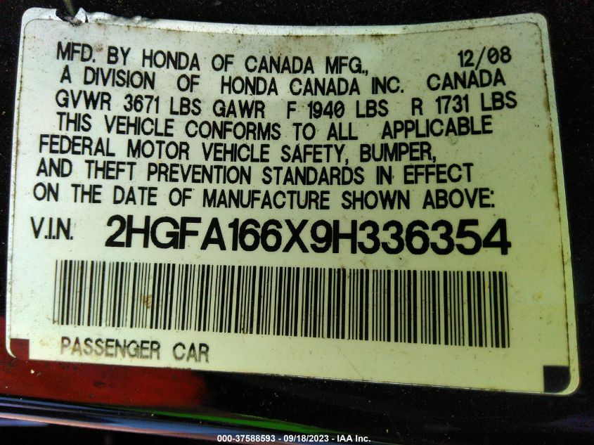 2009 Honda Civic Lx-S VIN: 2HGFA166X9H336354 Lot: 37588593