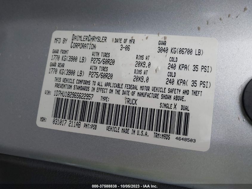 1D7HU18296S622957 2006 Dodge Ram 1500 Slt