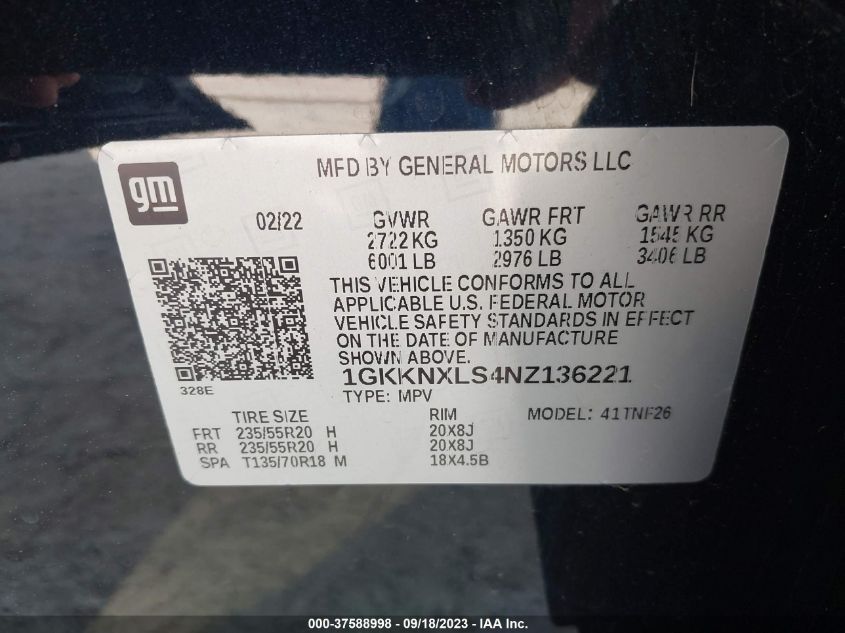 1GKKNXLS4NZ136221 2022 GMC Acadia Denali