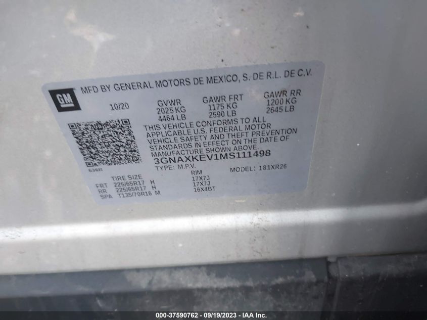 3GNAXKEV1MS111498 2021 Chevrolet Equinox Fwd Lt