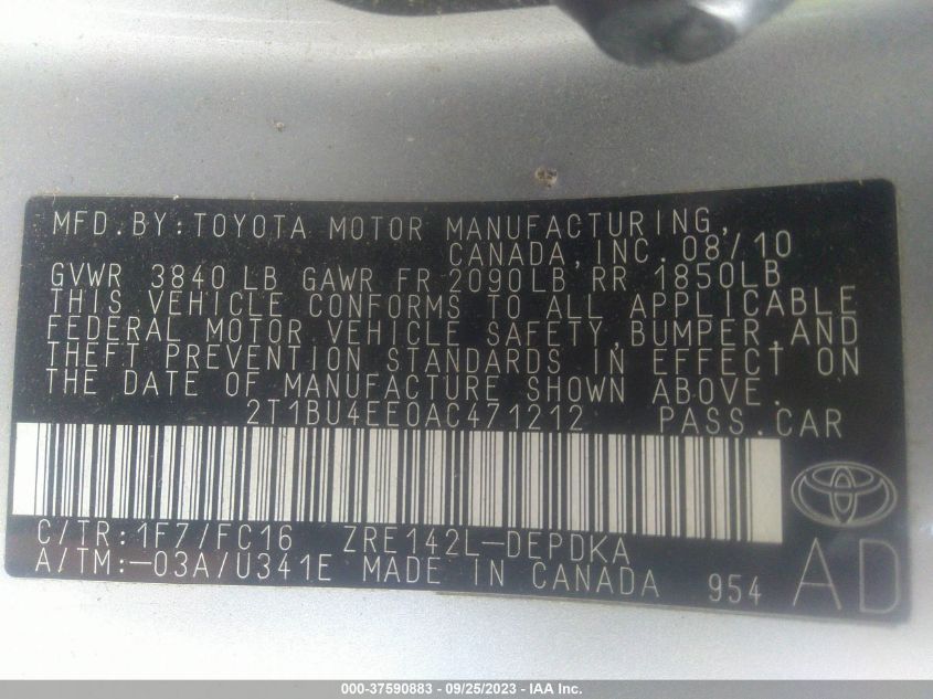 2T1BU4EE0AC471212 2010 Toyota Corolla Le