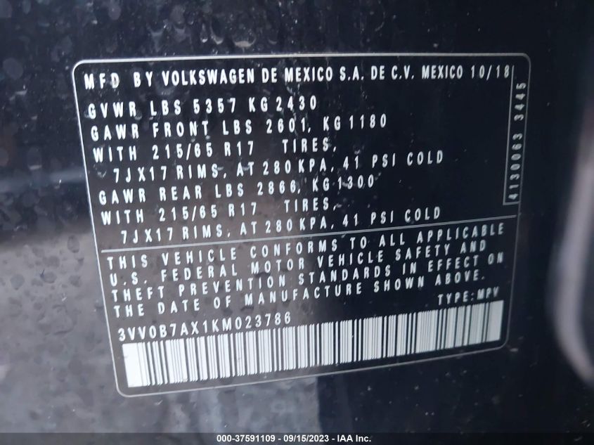 3VV0B7AX1KM023786 2019 Volkswagen Tiguan 2.0T S