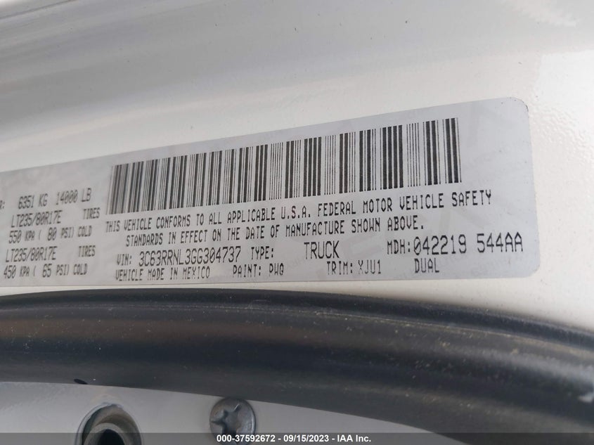 2016 Ram 3500 Longhorn VIN: 3C63RRNL3GG304737 Lot: 37592672