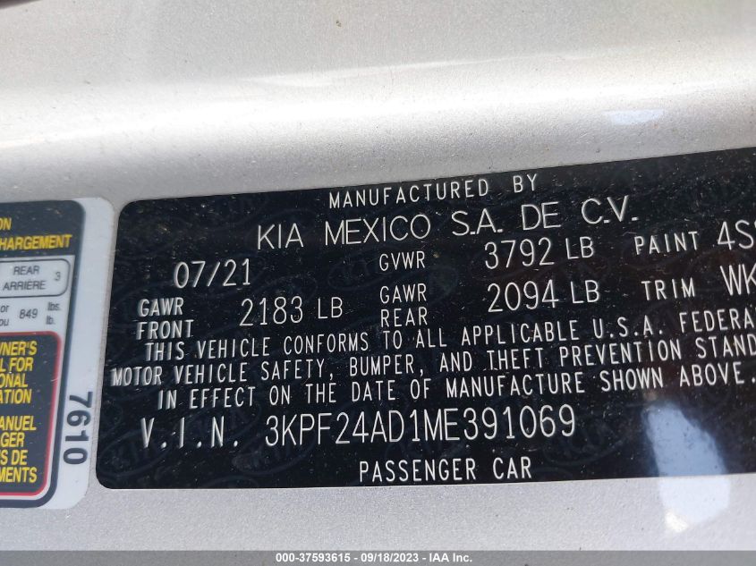 3KPF24AD1ME391069 2021 Kia Forte Lxs