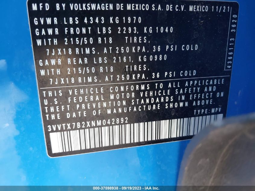 2022 Volkswagen Taos Se VIN: 3VVTX7B2XNM042892 Lot: 37598938