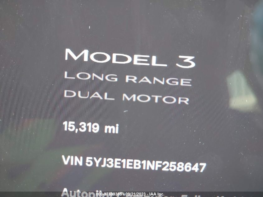 2022 Tesla Model 3 Long Range Dual Motor All-Wheel Drive VIN: 5YJ3E1EB1NF258647 Lot: 37599385