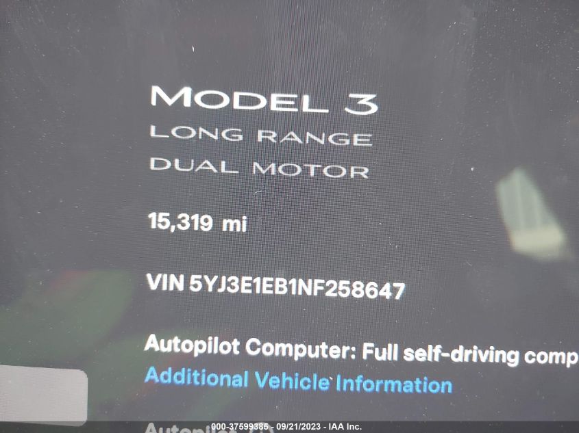 2022 Tesla Model 3 Long Range Dual Motor All-Wheel Drive VIN: 5YJ3E1EB1NF258647 Lot: 37599385