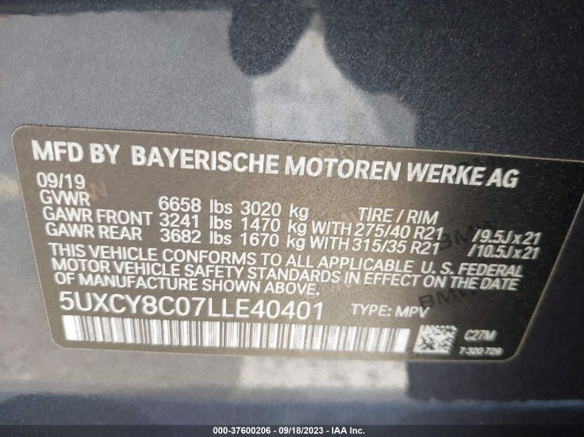 VIN 5UXCY8C07LLE40401 2020 BMW X6, M50I no.9