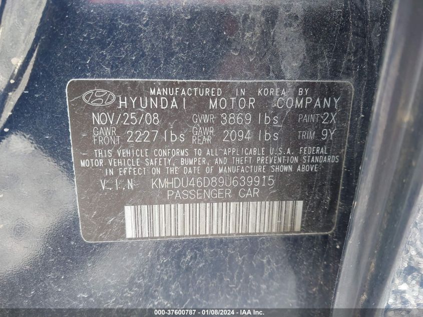 2009 Hyundai Elantra Gls VIN: KMHDU46D89U639915 Lot: 37600787