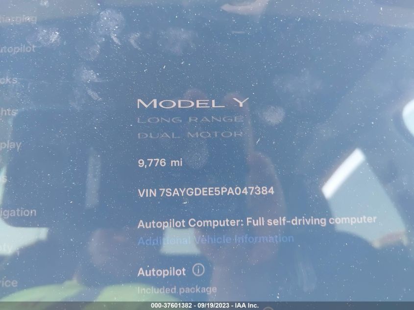 2023 Tesla Model Y Awd/Long Range Dual Motor All-Wheel Drive VIN: 7SAYGDEE5PA047384 Lot: 37601382