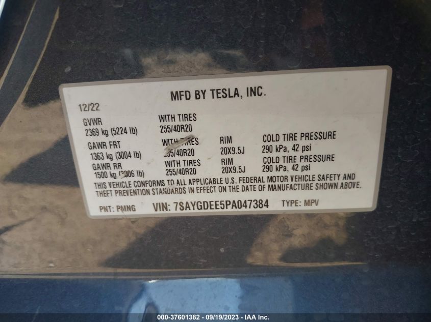 2023 Tesla Model Y Awd/Long Range Dual Motor All-Wheel Drive VIN: 7SAYGDEE5PA047384 Lot: 37601382