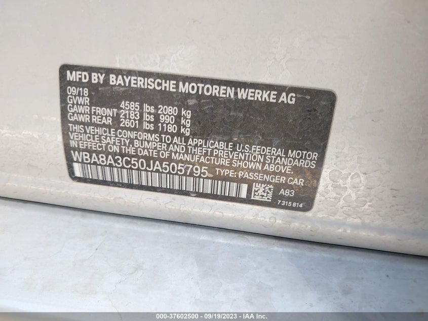2018 BMW 320I XDRIVE WBA8A3C50JA505795