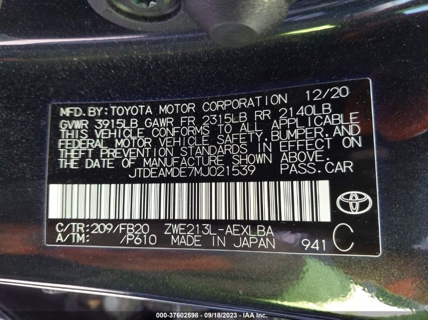 JTDEAMDE7MJ021539 2021 Toyota Corolla Hybrid Le