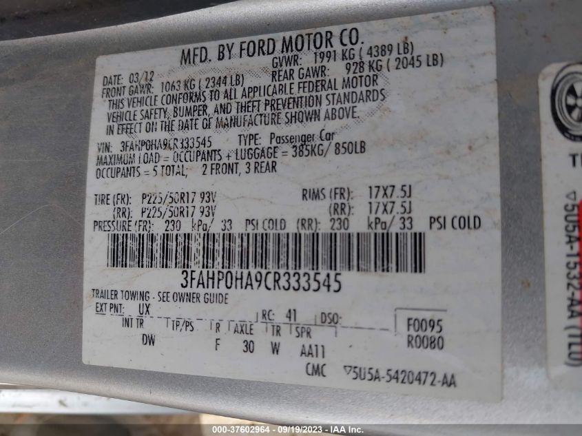 3FAHP0HA9CR333545 2012 Ford Fusion Se