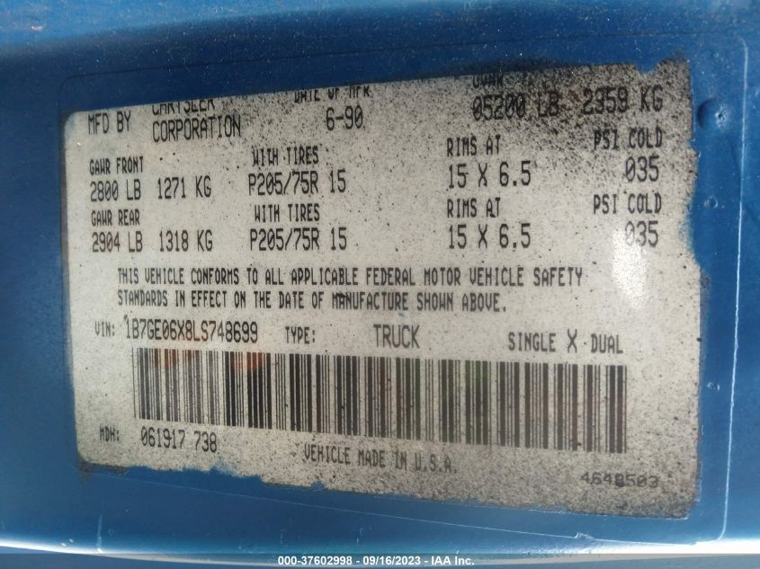 1990 Dodge D-Series D150S VIN: 1B7GE06X8LS748699 Lot: 37602998