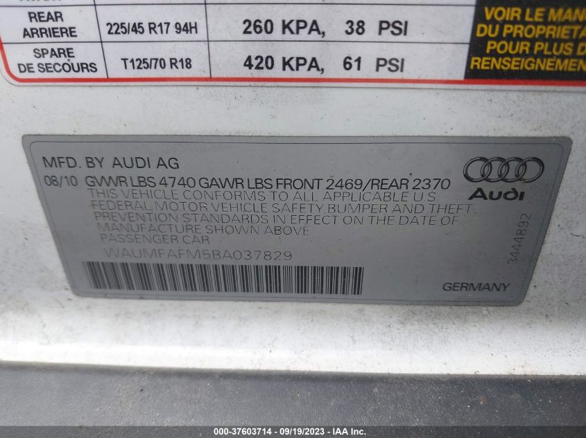 2011 Audi A3 2.0T Premium VIN: WAUMFAFM5BA037829 Lot: 37603714