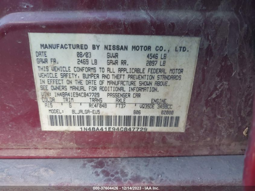 1N4BA41E94C847729 2004 Nissan Maxima Sl