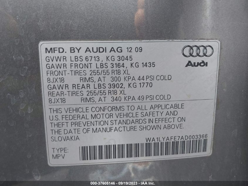 WA1LYAFE7AD003366 2010 Audi Q7 3.6 Premium