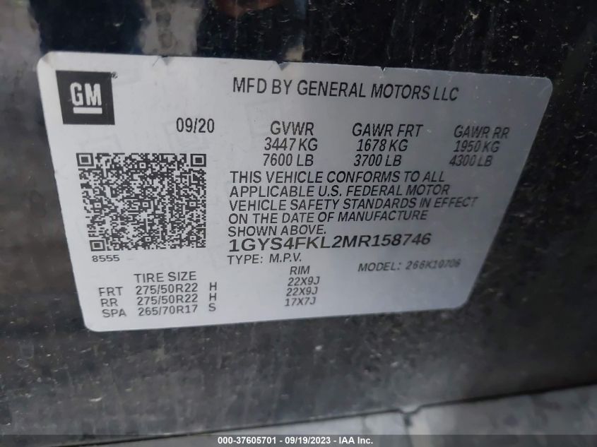 2021 Cadillac Escalade Sport VIN: 1GYS4FKL2MR158746 Lot: 37605701