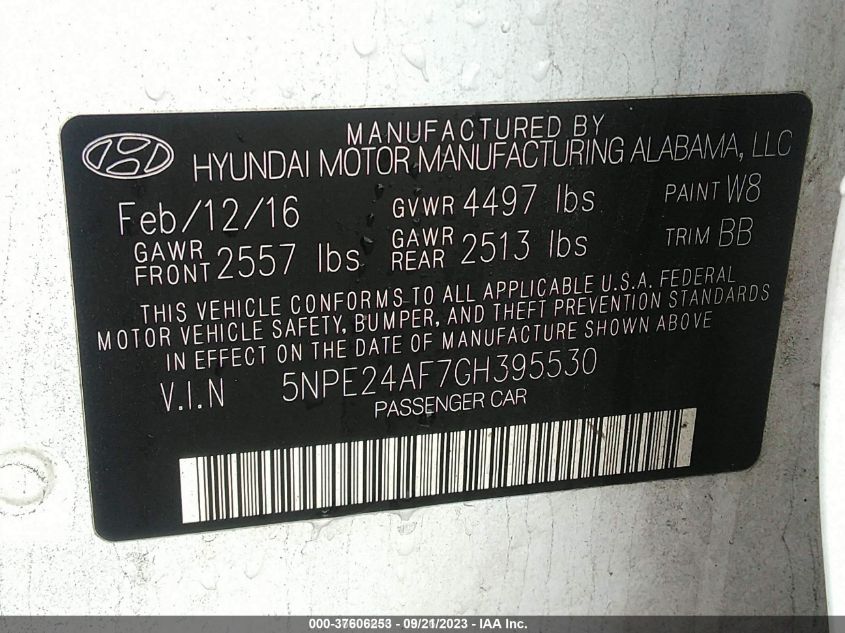 2016 Hyundai Sonata Se VIN: 5NPE24AF7GH395530 Lot: 37606253