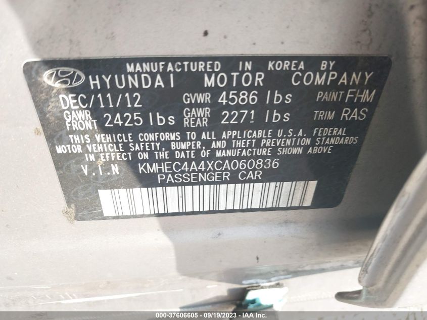 2012 Hyundai Sonata Hybrid VIN: KMHEC4A4XCA060836 Lot: 37606605