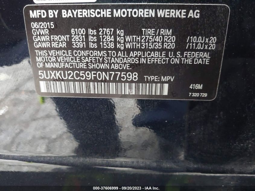 VIN 5UXKU2C59F0N77598 2015 BMW X6, Xdrive35I no.9