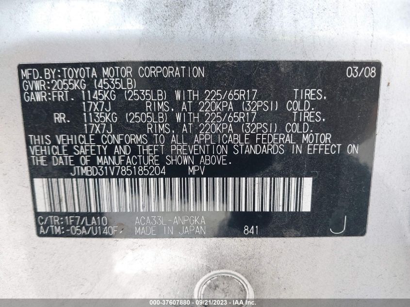 JTMBD31V785185204 2008 Toyota Rav4 Ltd