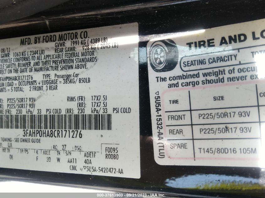 3FAHP0HA8CR171276 2012 Ford Fusion Se