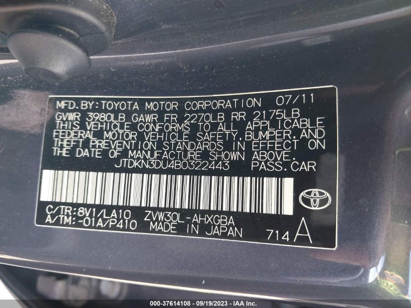 2011 Toyota Prius I/Ii/Iii/Iv/V VIN: JTDKN3DU4B0322443 Lot: 37614108