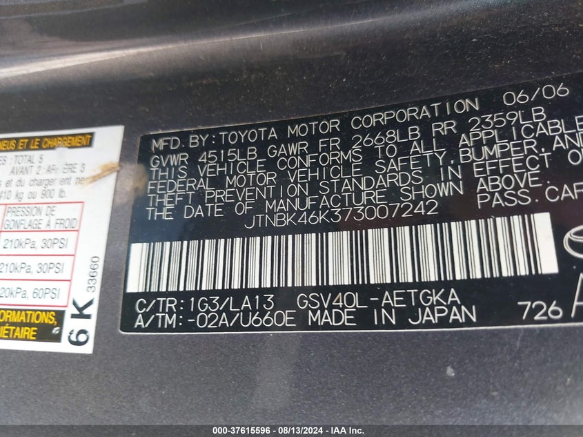 2007 Toyota Camry Se V6/Xle V6/Le V6 VIN: JTNBK46K373007242 Lot: 37615596