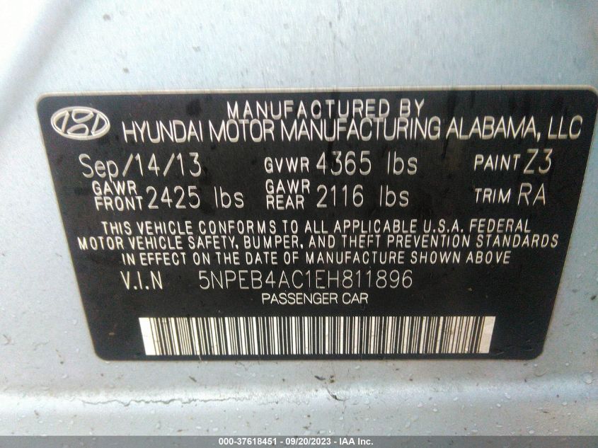 5NPEB4AC1EH811896 2014 Hyundai Sonata Gls