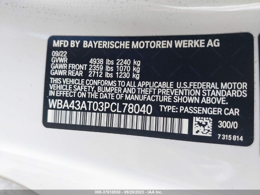 2023 BMW 4 Series 430I xDrive VIN: WBA43AT03PCL78040 Lot: 37618930