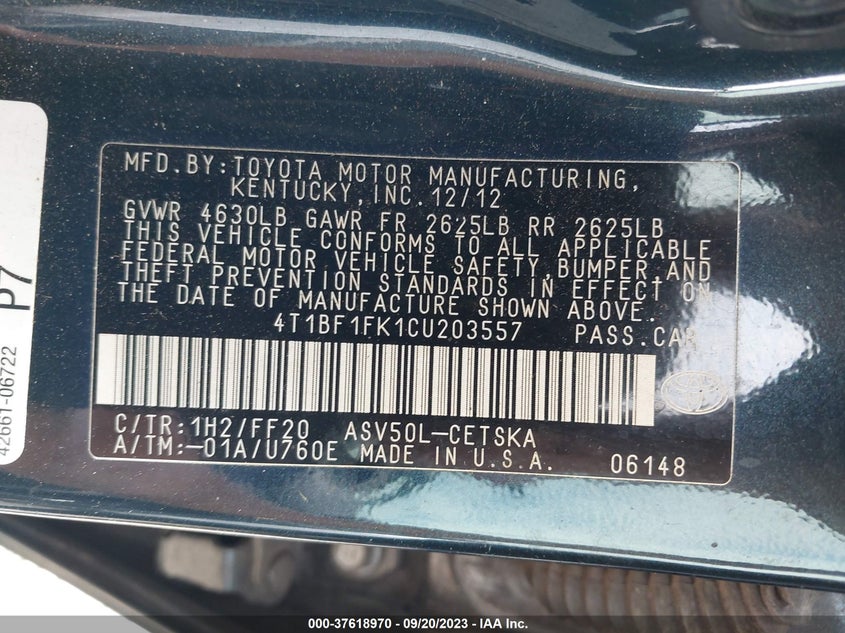 2012 Toyota Camry Se VIN: 4T1BF1FK1CU203557 Lot: 37618970