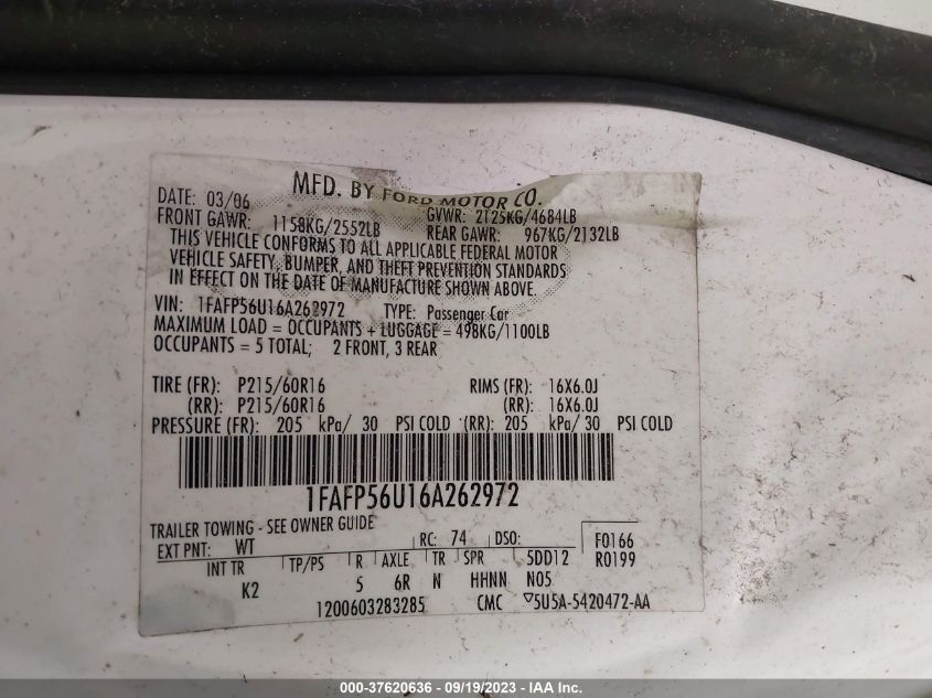 1FAFP56U16A262972 2006 Ford Taurus Sel