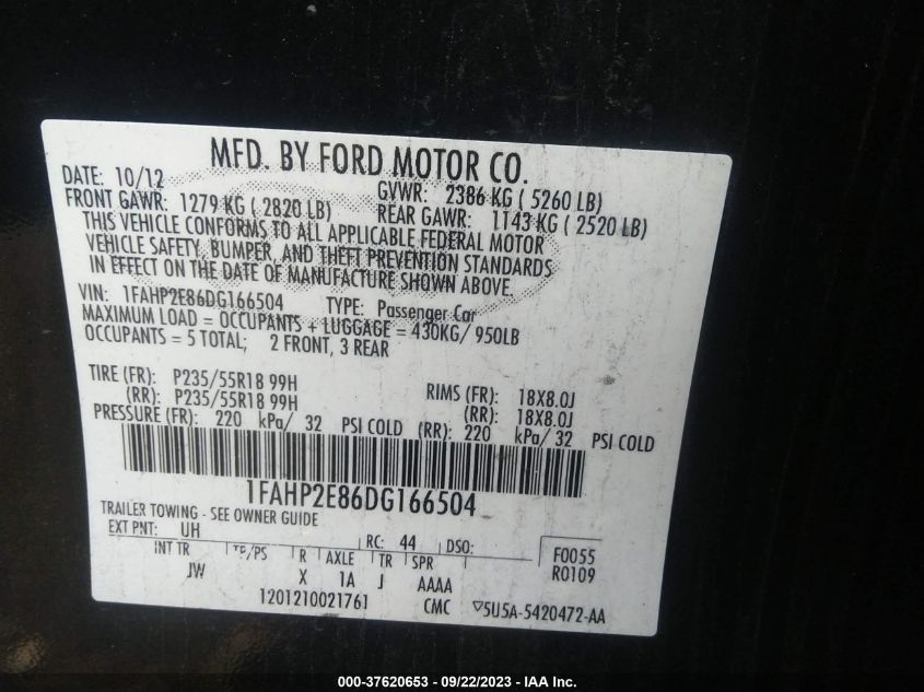 2013 Ford Taurus Sel VIN: 1FAHP2E86DG166504 Lot: 37620653