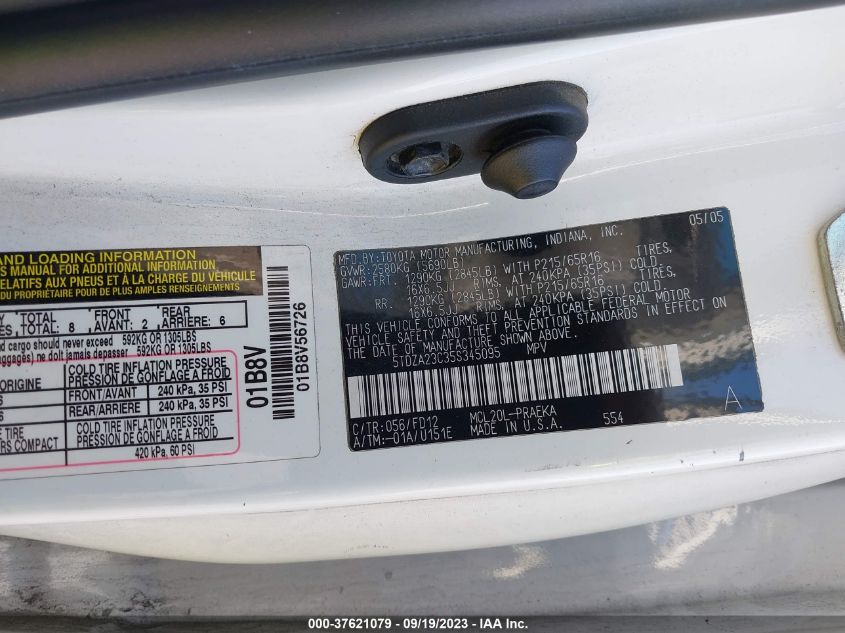 2005 Toyota Sienna Ce VIN: 5TDZA23C35S345095 Lot: 37621079