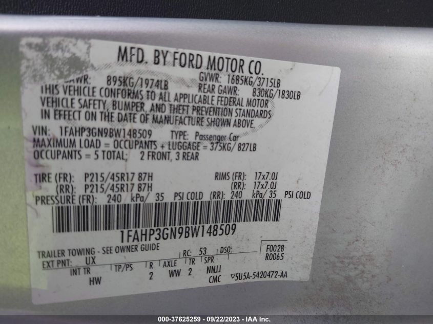 1FAHP3GN9BW148509 2011 Ford Focus Ses