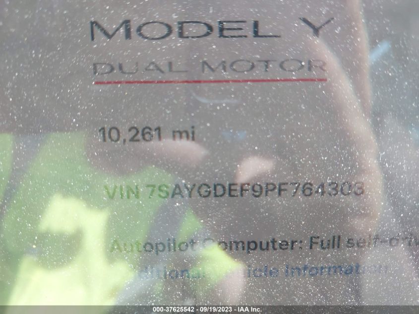 2023 Tesla Model Y Performance VIN: 7SAYGDEF9PF764303 Lot: 37625542