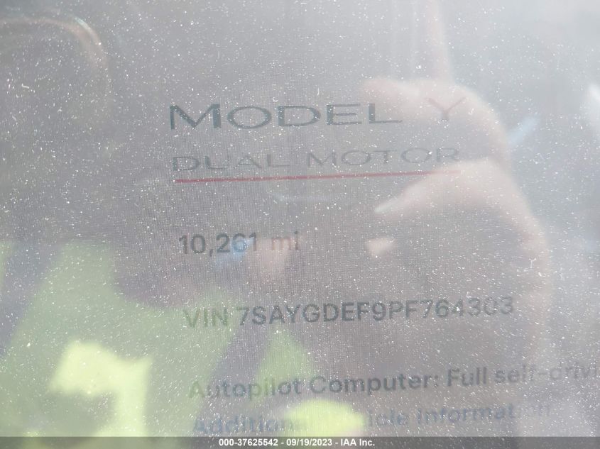 2023 Tesla Model Y Performance VIN: 7SAYGDEF9PF764303 Lot: 37625542