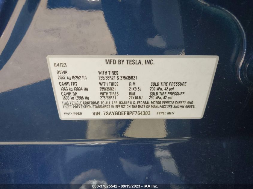 2023 Tesla Model Y Performance VIN: 7SAYGDEF9PF764303 Lot: 37625542