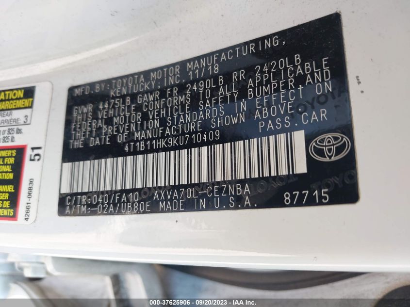 4T1B11HK9KU710409 2019 Toyota Camry Le