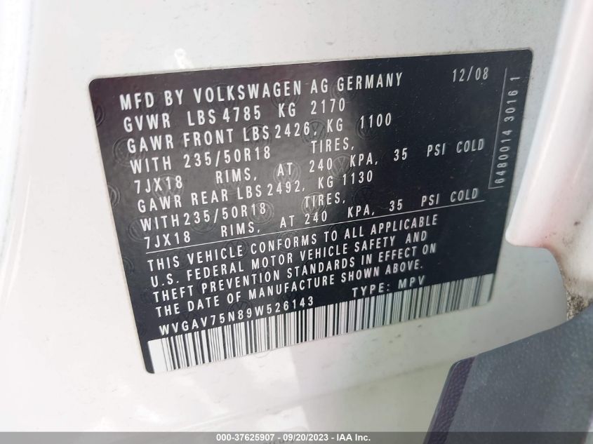 2009 Volkswagen Tiguan Sel VIN: WVGAV75N89W526143 Lot: 37625907