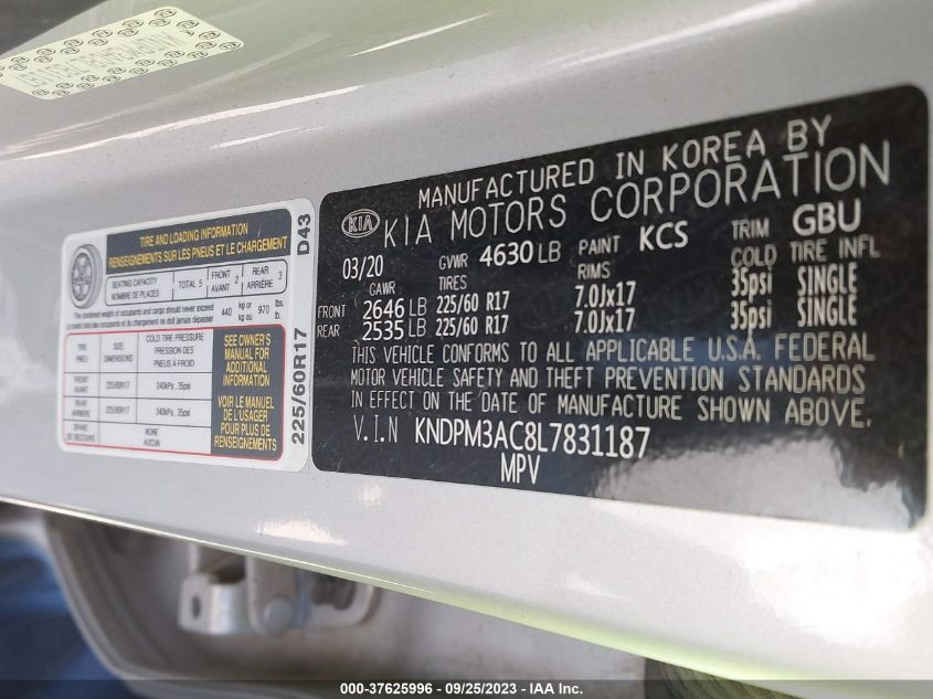 2020 Kia Sportage Lx VIN: KNDPM3AC8L7831187 Lot: 37625996