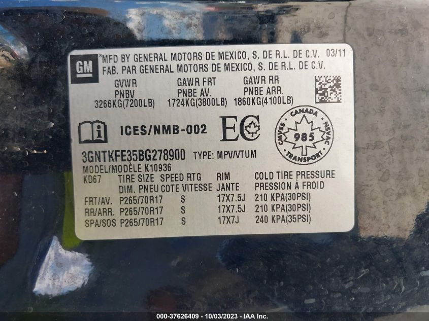 2011 Chevrolet Avalanche 1500 Lt1 VIN: 3GNTKFE35BG278900 Lot: 39710910