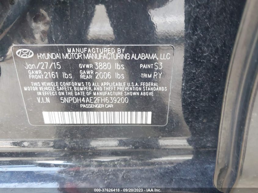 2015 Hyundai Elantra Se VIN: 5NPDH4AE2FH639200 Lot: 37626418