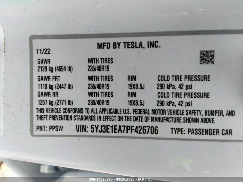 2023 Tesla Model 3 Rear-Wheel Drive VIN: 5YJ3E1EA7PF426706 Lot: 37628278